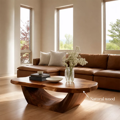 Organic Solid Wood Coffee Table With Live Edge Oval Top And Sculptural Open Base For Modern Living Room - Livewoodcraft - 10