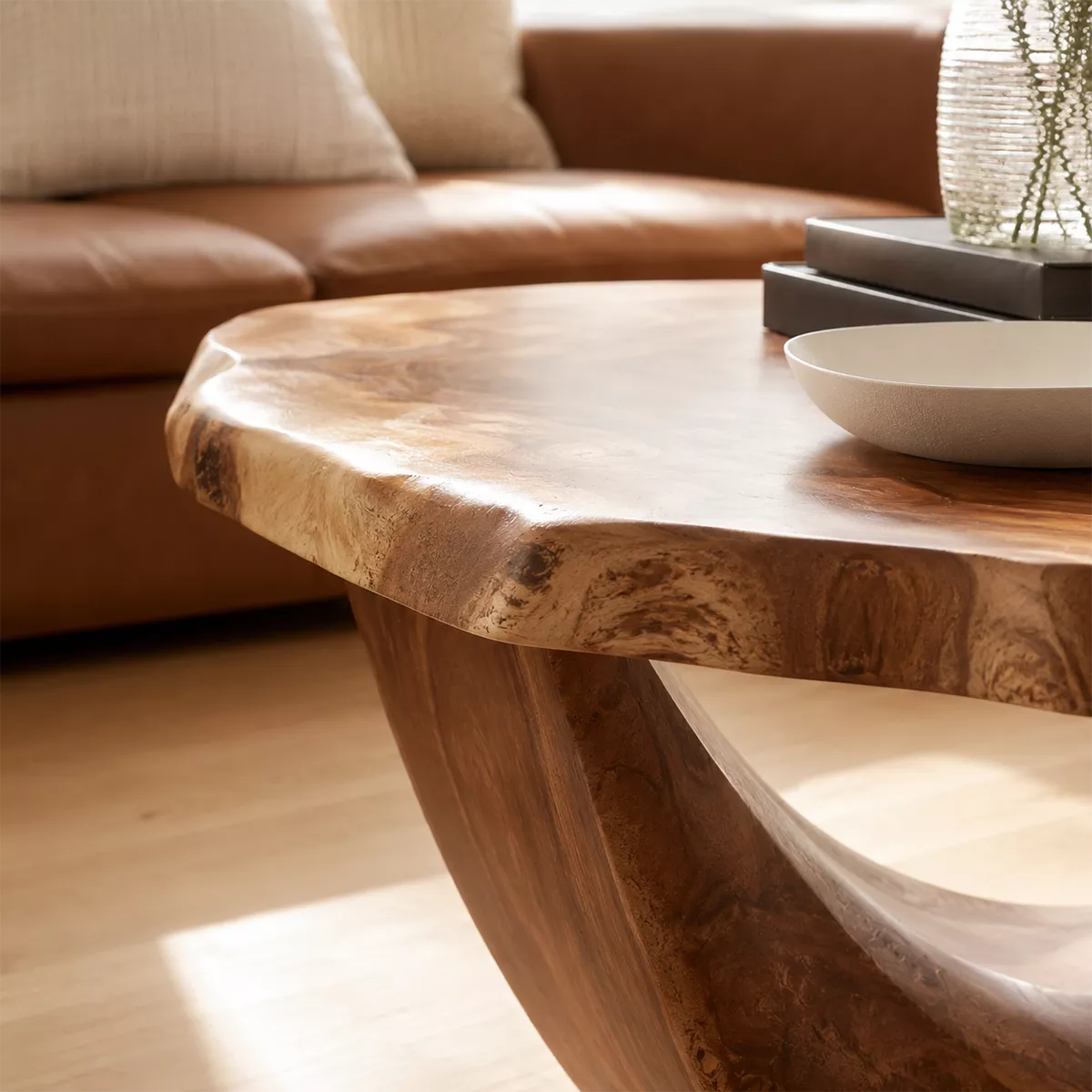 Organic Solid Wood Coffee Table With Live Edge Oval Top And Sculptural Open Base For Modern Living Room - Livewoodcraft - 5