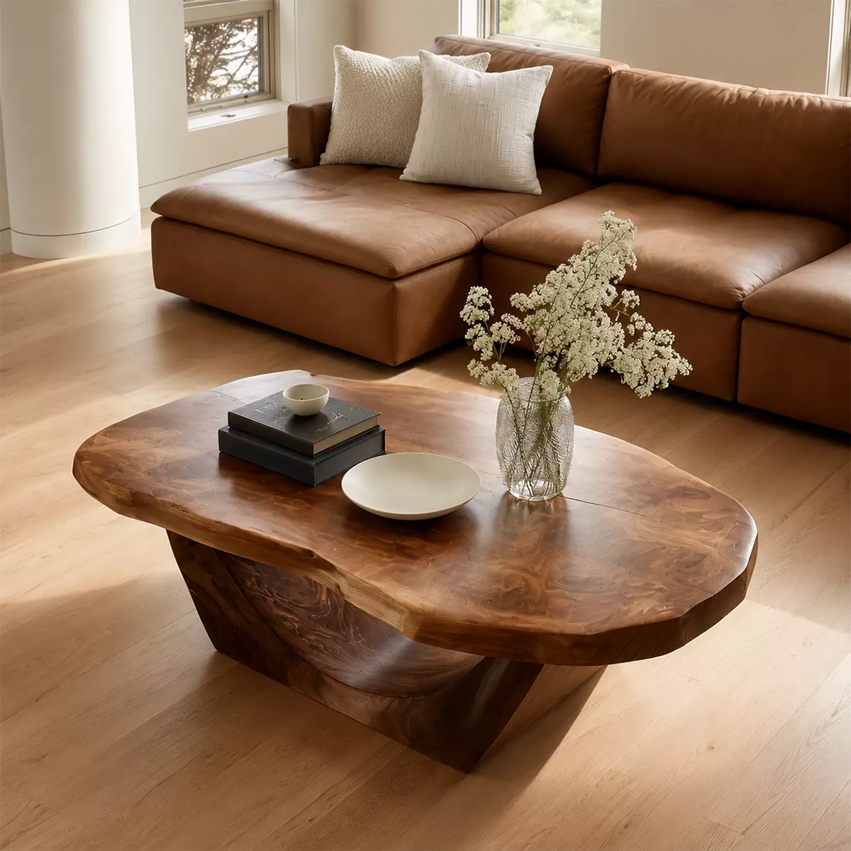 Organic Solid Wood Coffee Table With Live Edge Oval Top And Sculptural Open Base For Modern Living Room - Livewoodcraft - 6