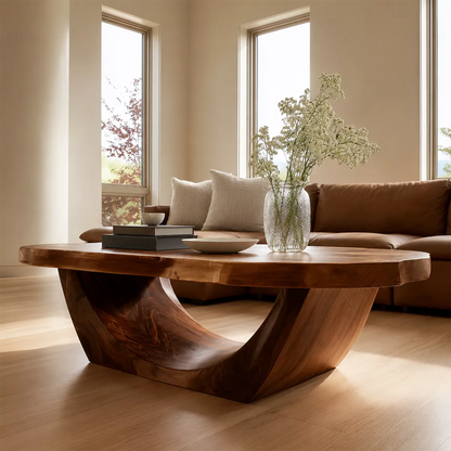 Organic Solid Wood Coffee Table With Live Edge Oval Top And Sculptural Open Base For Modern Living Room - Livewoodcraft - 7