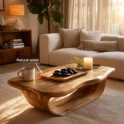Organic Solid Wood Coffee Table With Live Edge Top And Sculptural Hollow Base For Cozy Living Room - Livewoodcraft - 10