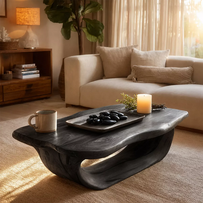 Organic Solid Wood Coffee Table With Live Edge Top And Sculptural Hollow Base For Cozy Living Room - Livewoodcraft - 2