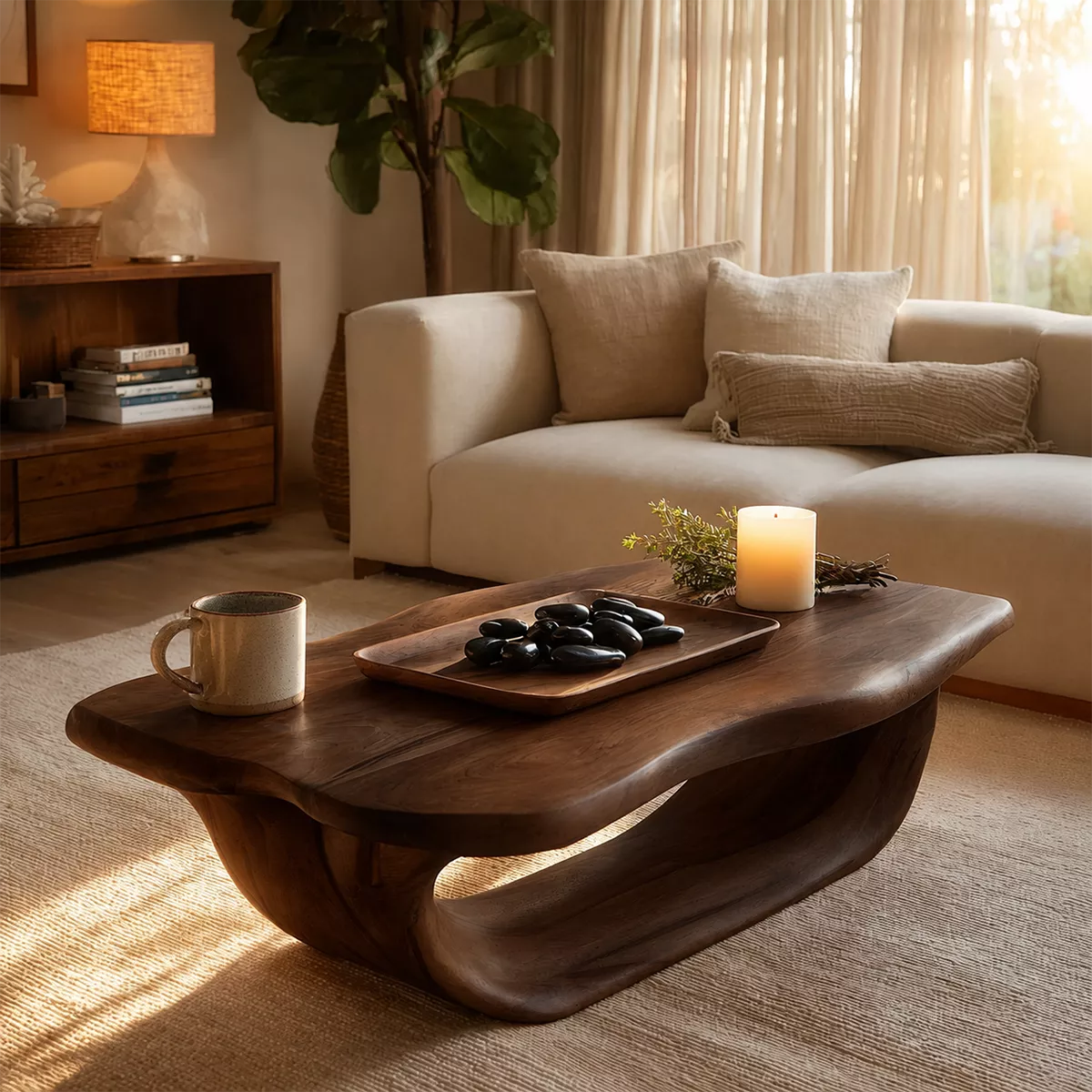 Organic Solid Wood Coffee Table With Live Edge Top And Sculptural Hollow Base For Cozy Living Room - Livewoodcraft - 3