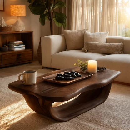 Organic Solid Wood Coffee Table With Live Edge Top And Sculptural Hollow Base For Cozy Living Room - Livewoodcraft - 3