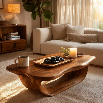 Organic Solid Wood Coffee Table With Live Edge Top And Sculptural Hollow Base For Cozy Living Room - Livewoodcraft - 4