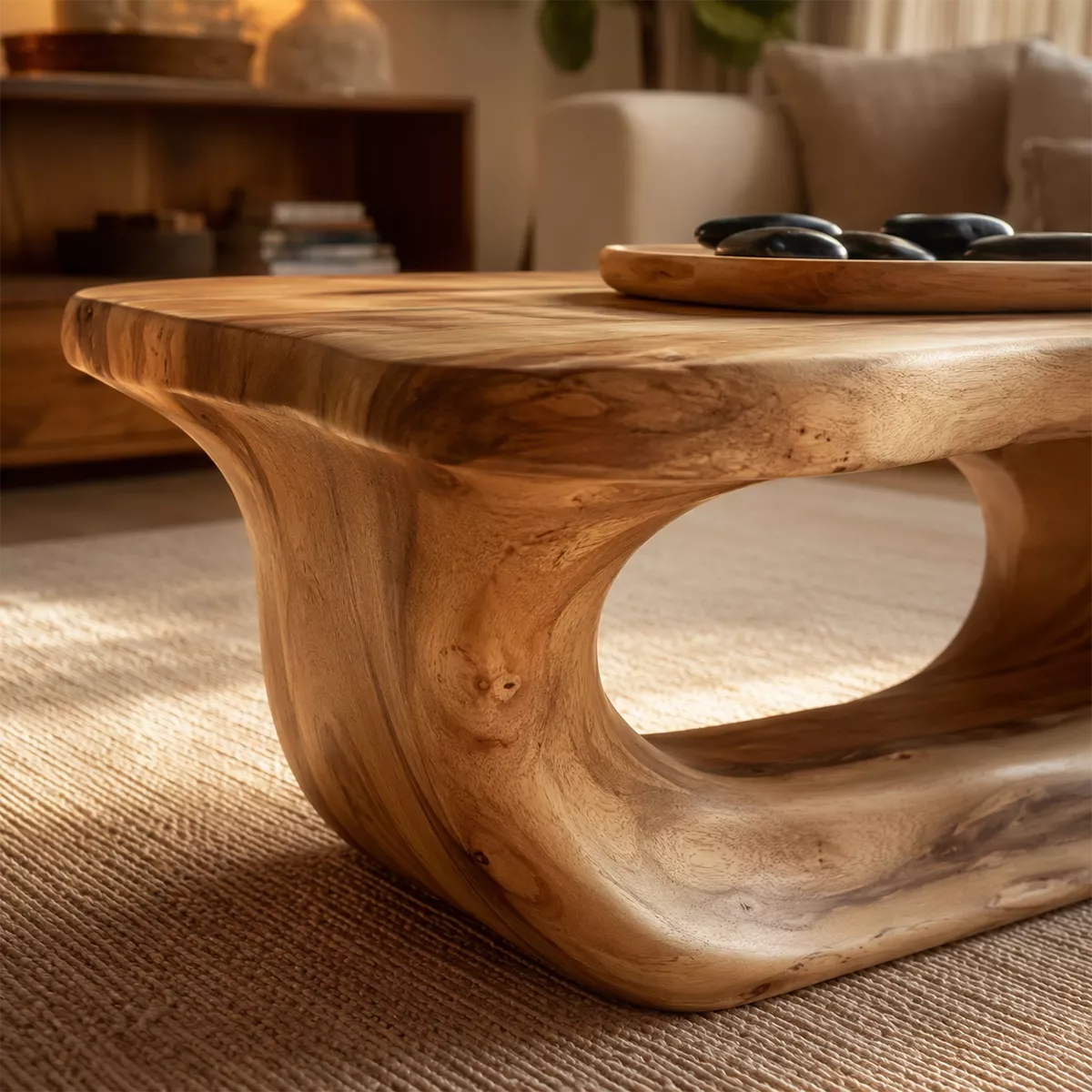 Organic Solid Wood Coffee Table With Live Edge Top And Sculptural Hollow Base For Cozy Living Room - Livewoodcraft - 5
