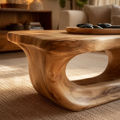 Organic Solid Wood Coffee Table With Live Edge Top And Sculptural Hollow Base For Cozy Living Room - Livewoodcraft - 5