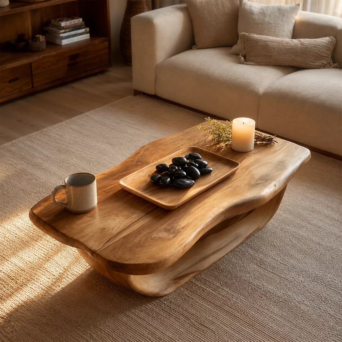 Organic Solid Wood Coffee Table With Live Edge Top And Sculptural Hollow Base For Cozy Living Room - Livewoodcraft - 6