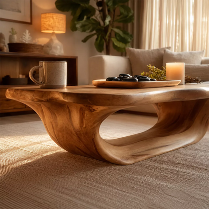 Organic Solid Wood Coffee Table With Live Edge Top And Sculptural Hollow Base For Cozy Living Room - Livewoodcraft - 7