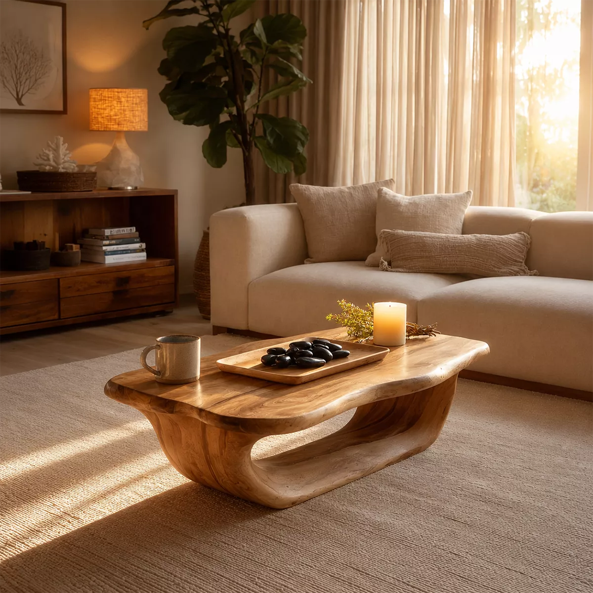 Organic Solid Wood Coffee Table With Live Edge Top And Sculptural Hollow Base For Cozy Living Room - Livewoodcraft - 8