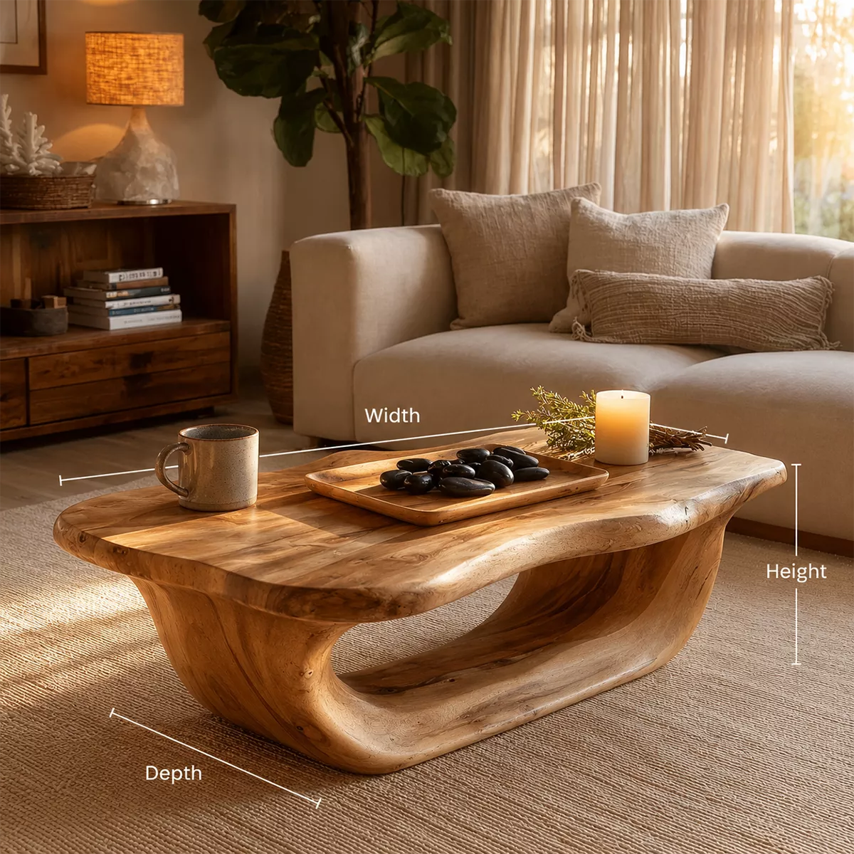 Organic Solid Wood Coffee Table With Live Edge Top And Sculptural Hollow Base For Cozy Living Room - Livewoodcraft - 9