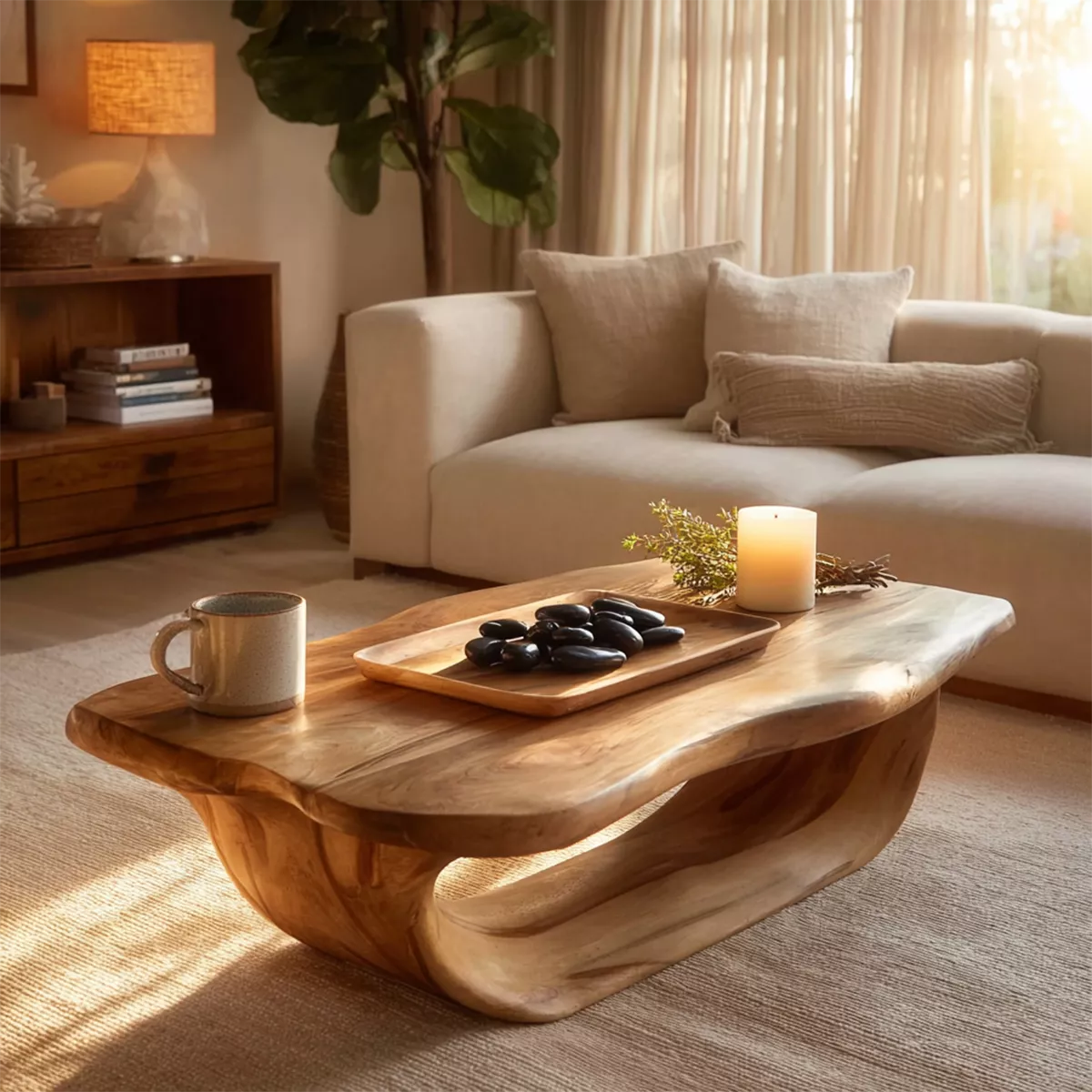 Organic Solid Wood Coffee Table With Live Edge Top And Sculptural Hollow Base For Cozy Living Room - Livewoodcraft