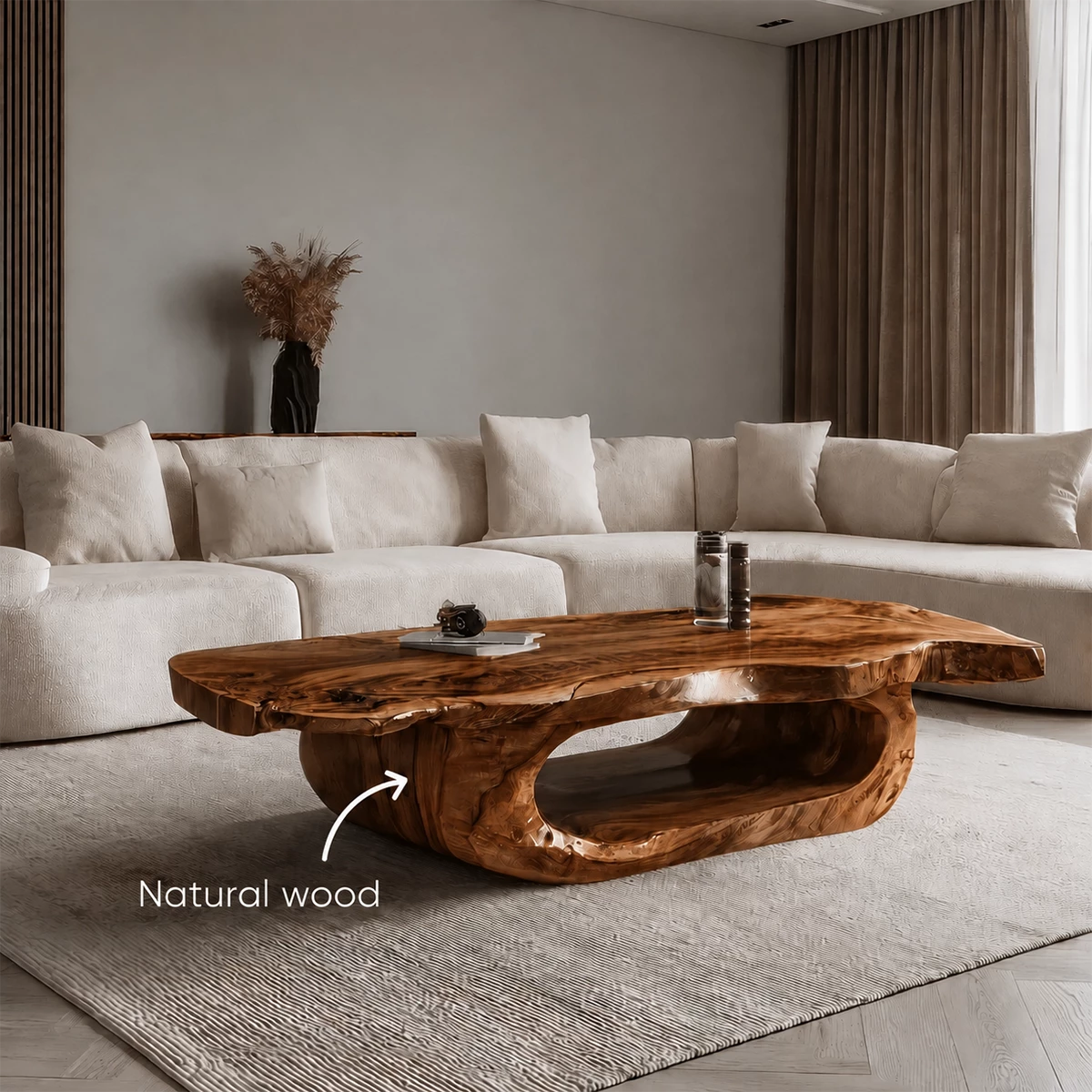 Organic Solid Wood Coffee Table With Live Edge Top And Sculptural Hollow Base For Modern Living Room - Livewoodcraft - 10