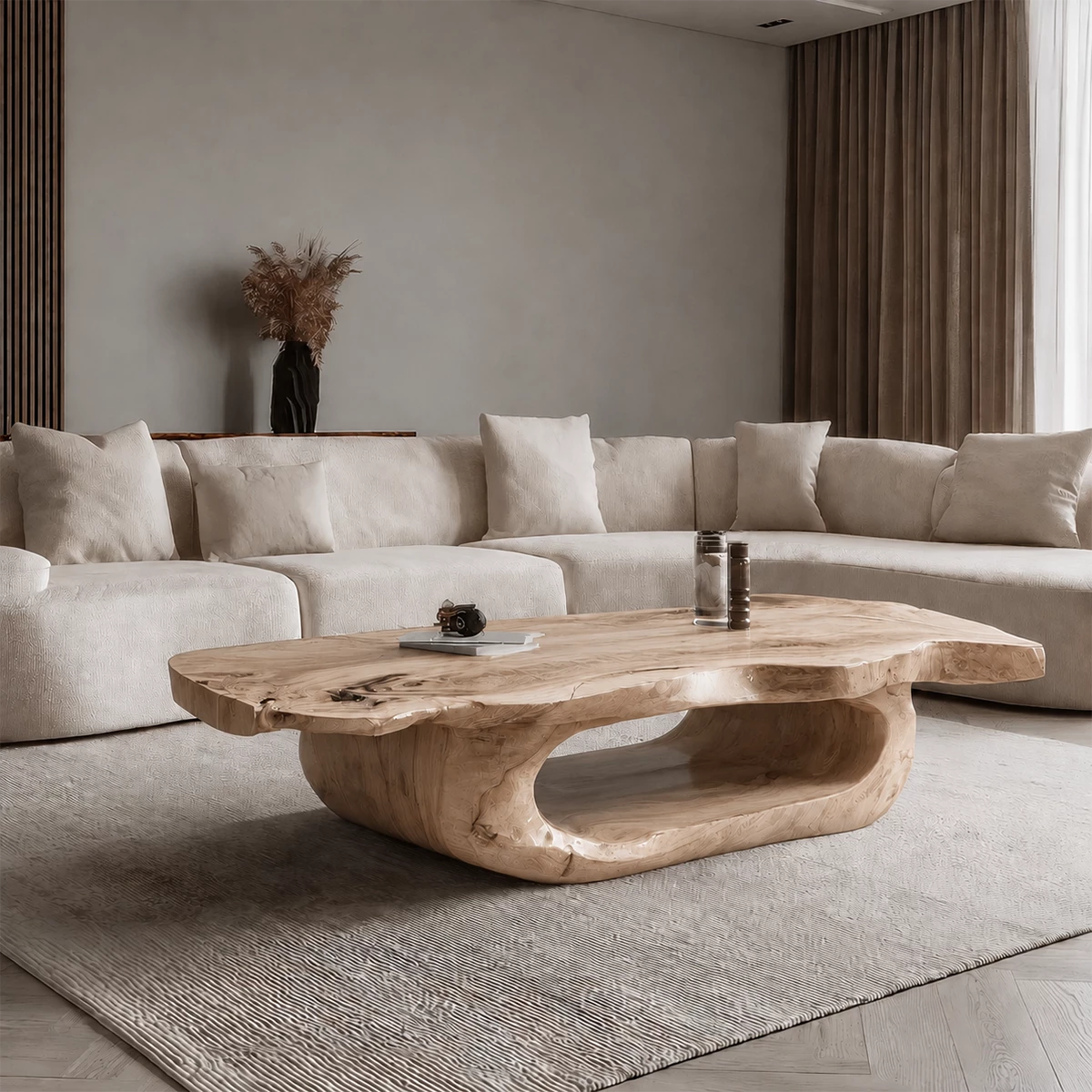 Organic Solid Wood Coffee Table With Live Edge Top And Sculptural Hollow Base For Modern Living Room - Livewoodcraft - 4