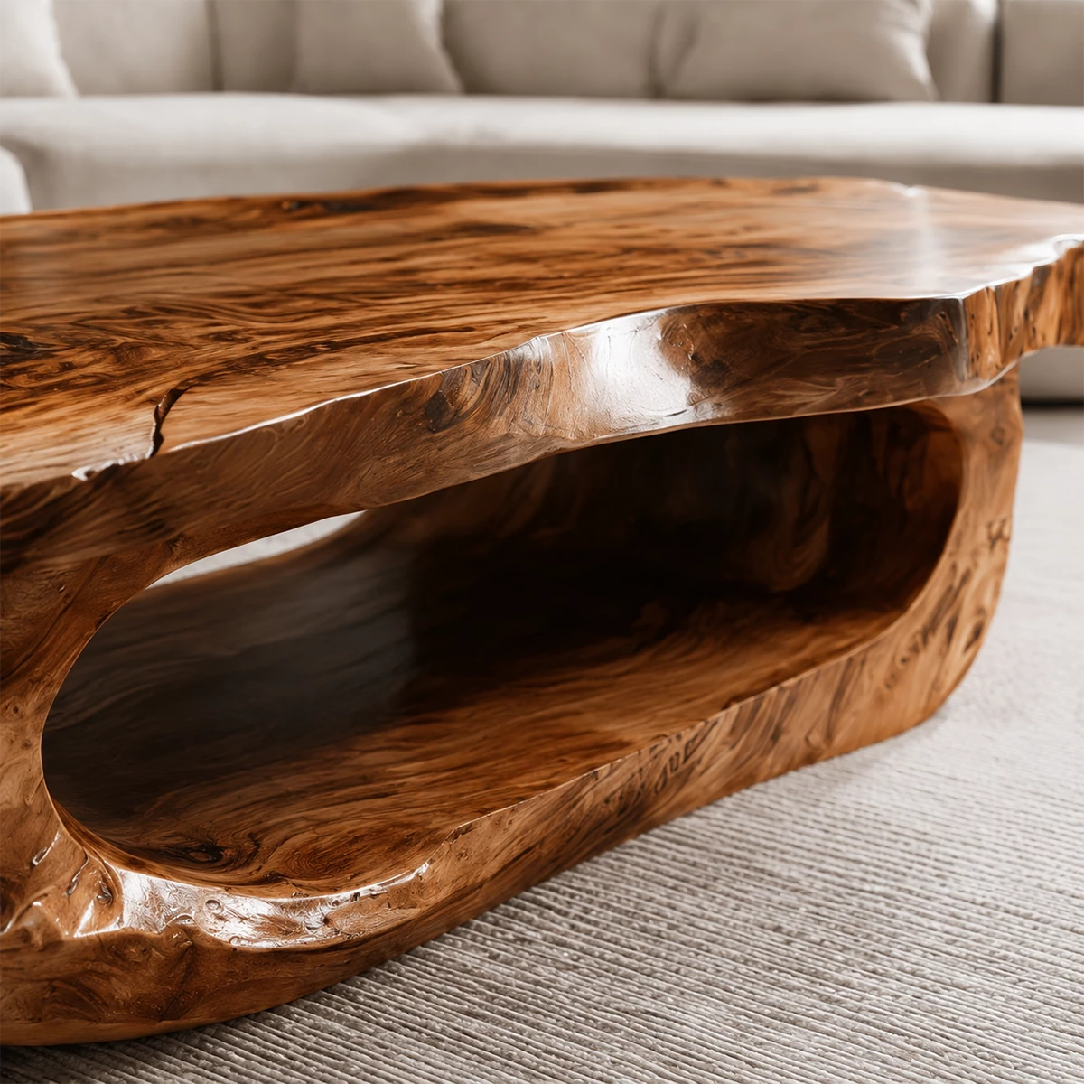 Organic Solid Wood Coffee Table With Live Edge Top And Sculptural Hollow Base For Modern Living Room - Livewoodcraft - 5