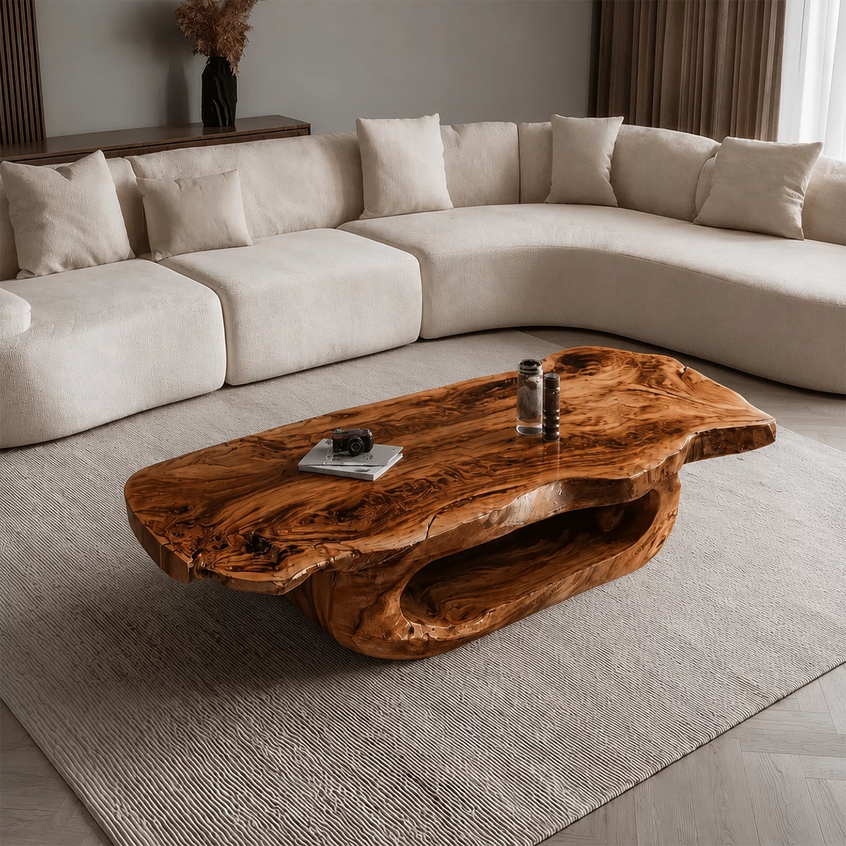 Organic Solid Wood Coffee Table With Live Edge Top And Sculptural Hollow Base For Modern Living Room - Livewoodcraft - 6