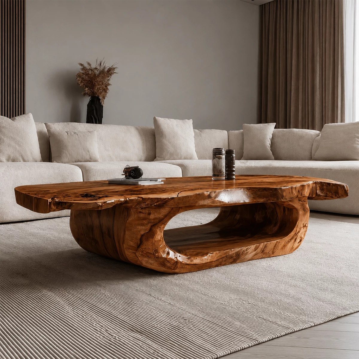Organic Solid Wood Coffee Table With Live Edge Top And Sculptural Hollow Base For Modern Living Room - Livewoodcraft - 7