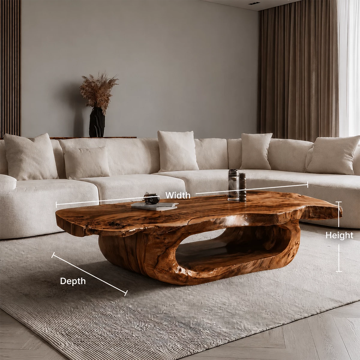 Organic Solid Wood Coffee Table With Live Edge Top And Sculptural Hollow Base For Modern Living Room - Livewoodcraft - 9