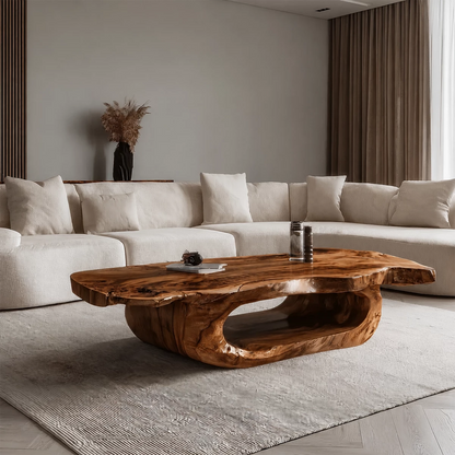 Organic Solid Wood Coffee Table With Live Edge Top And Sculptural Hollow Base For Modern Living Room - Livewoodcraft