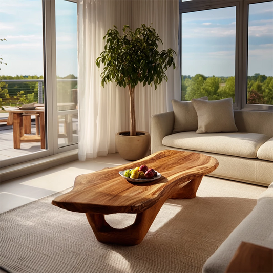 Organic Solid Wood Coffee Table With Live Edge Top And Sculptural Open Base For Modern Living Room - Livewoodcraft