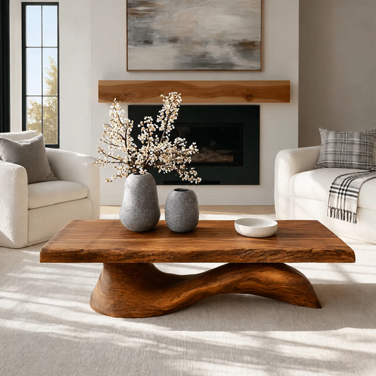Organic Solid Wood Coffee Table With Live Edge Top And Sculptural Wave Base For Modern Living Room - Livewoodcraft