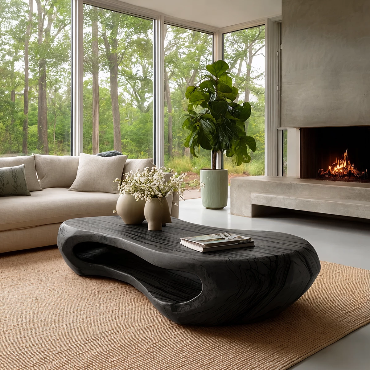 Organic Solid Wood Coffee Table With Rounded Hollow Base And Natural Wood Grain For Modern Living Room - Livewoodcraft - 2