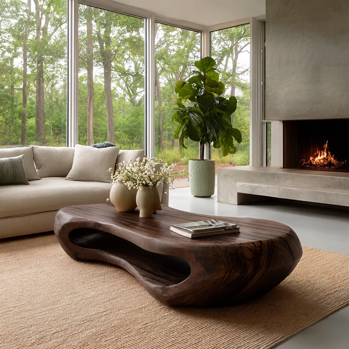 Organic Solid Wood Coffee Table With Rounded Hollow Base And Natural Wood Grain For Modern Living Room - Livewoodcraft - 3