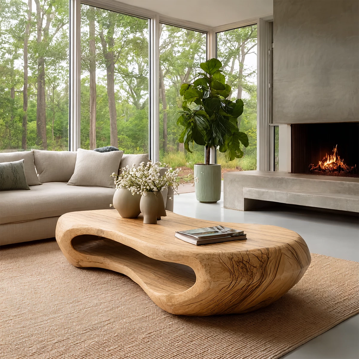 Organic Solid Wood Coffee Table With Rounded Hollow Base And Natural Wood Grain For Modern Living Room - Livewoodcraft - 4
