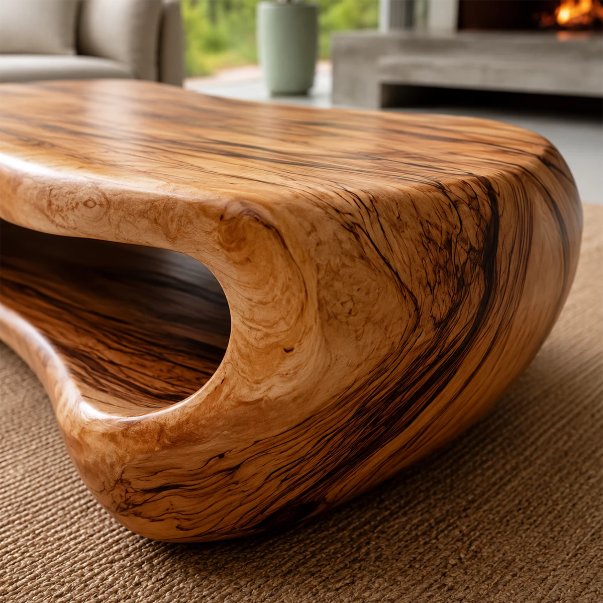 Organic Solid Wood Coffee Table With Rounded Hollow Base And Natural Wood Grain For Modern Living Room - Livewoodcraft - 5