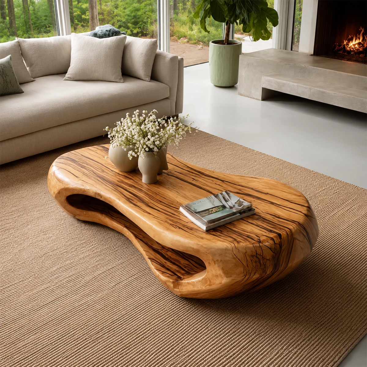 Organic Solid Wood Coffee Table With Rounded Hollow Base And Natural Wood Grain For Modern Living Room - Livewoodcraft - 6