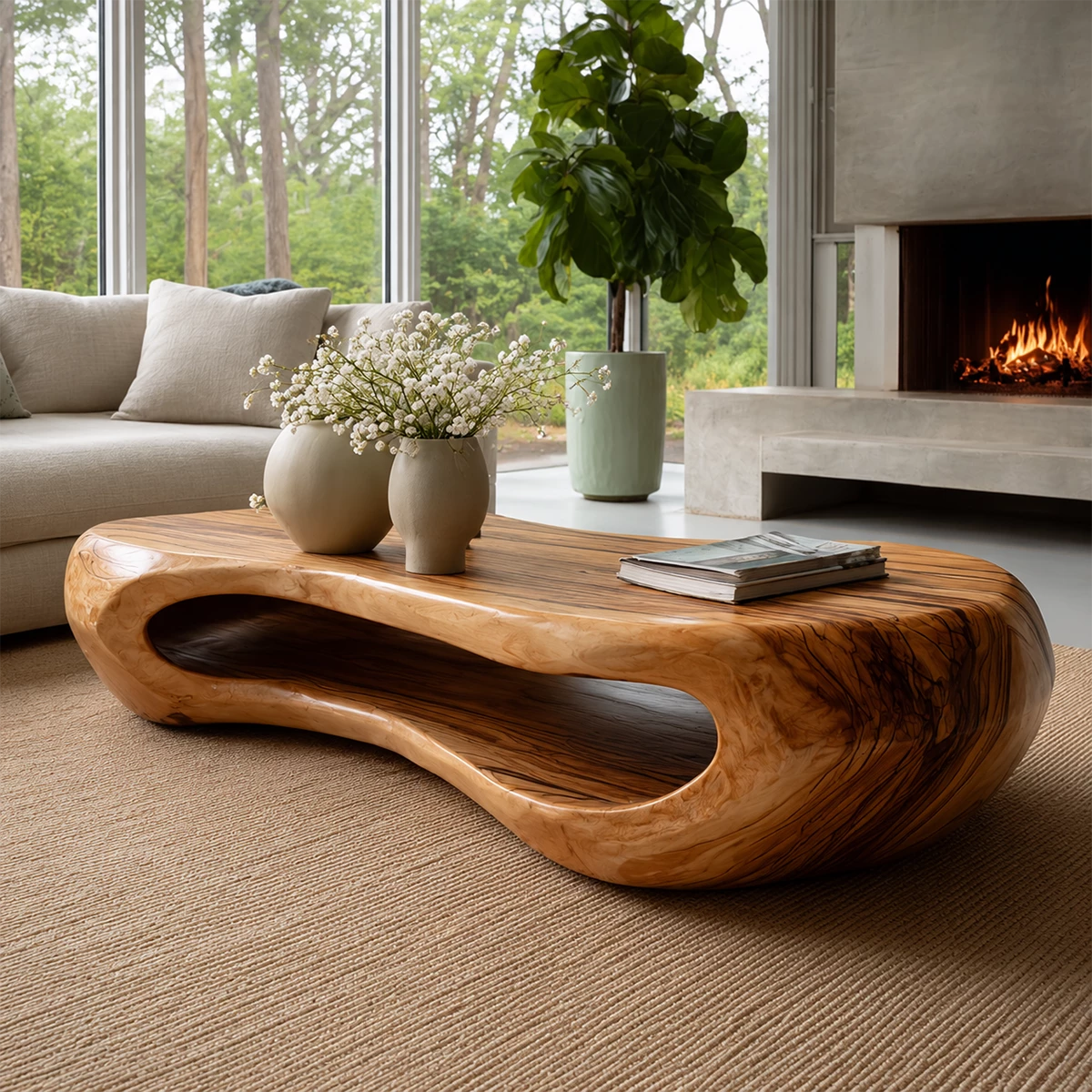 Organic Solid Wood Coffee Table With Rounded Hollow Base And Natural Wood Grain For Modern Living Room - Livewoodcraft - 7