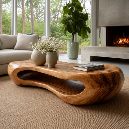Organic Solid Wood Coffee Table With Rounded Hollow Base And Natural Wood Grain For Modern Living Room - Livewoodcraft - 7