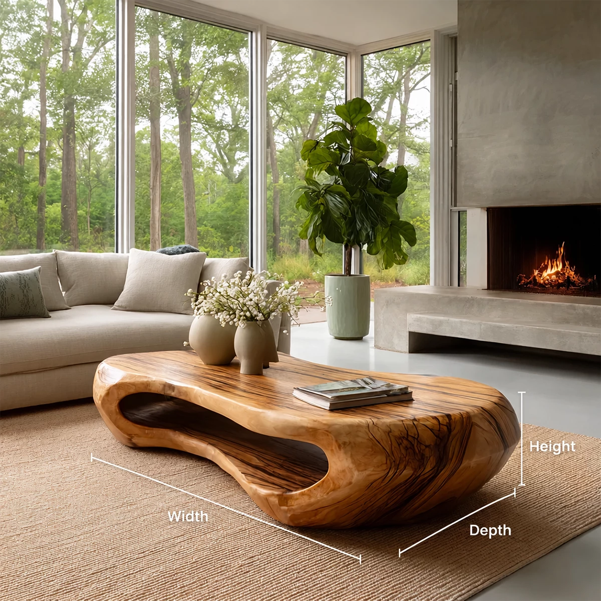 Organic Solid Wood Coffee Table With Rounded Hollow Base And Natural Wood Grain For Modern Living Room - Livewoodcraft - 9