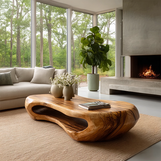 Organic Solid Wood Coffee Table With Rounded Hollow Base And Natural Wood Grain For Modern Living Room - Livewoodcraft