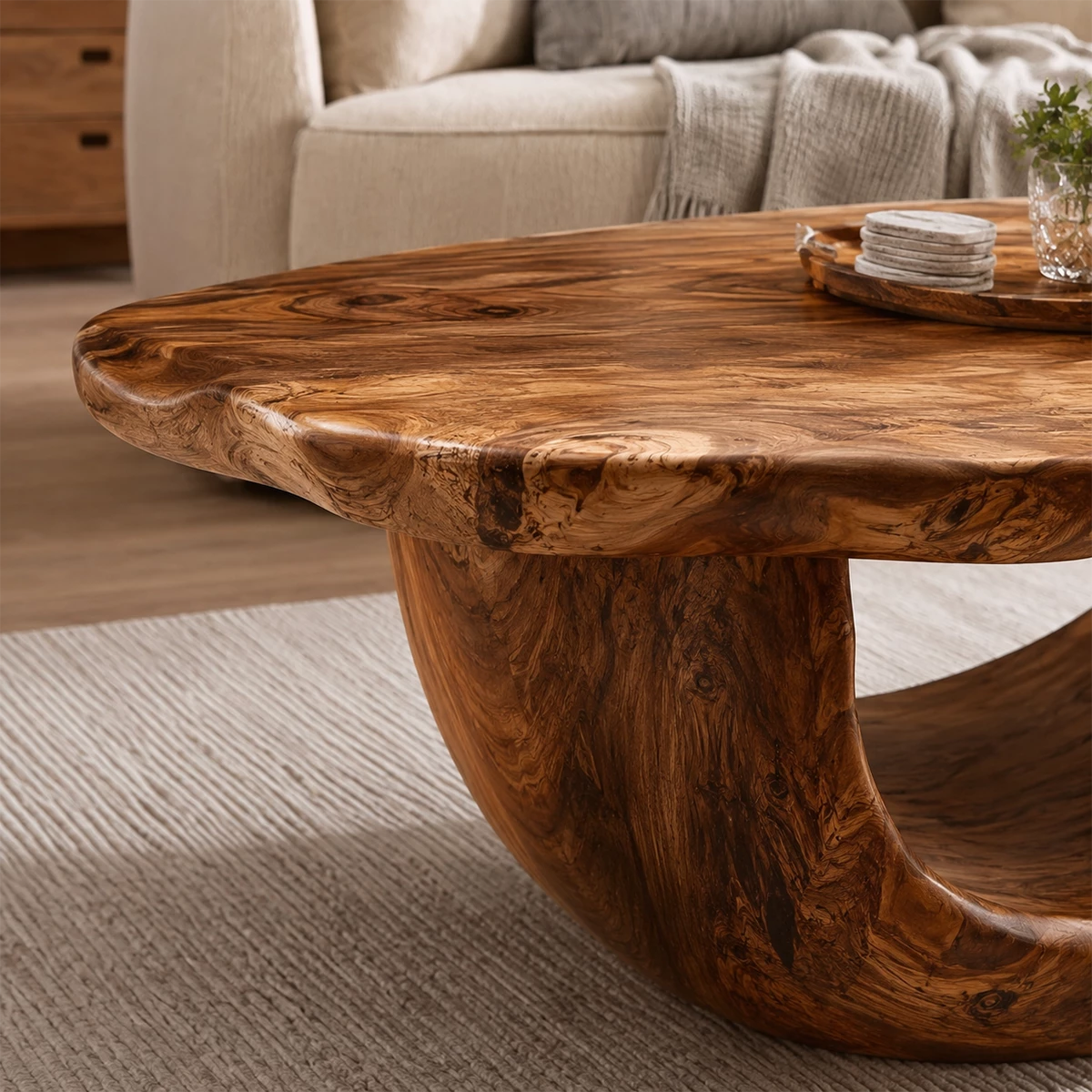 Organic Solid Wood Coffee Table With Sculptural Hollow Base And Live Edge Top For Modern Living Room - Livewoodcraft - 3312 - 5