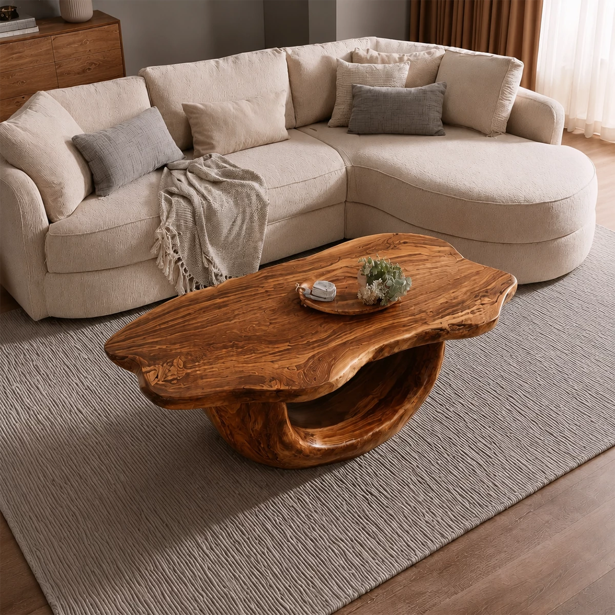 Organic Solid Wood Coffee Table With Sculptural Hollow Base And Live Edge Top For Modern Living Room - Livewoodcraft - 3312 - 6