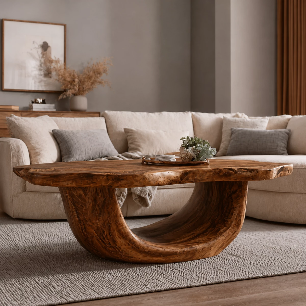 Organic Solid Wood Coffee Table With Sculptural Hollow Base And Live Edge Top For Modern Living Room - Livewoodcraft - 3312 - 7