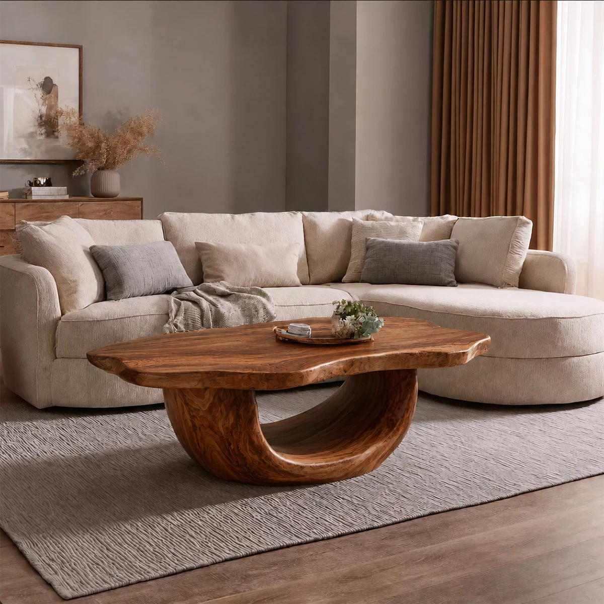 Organic Solid Wood Coffee Table With Sculptural Hollow Base And Live Edge Top For Modern Living Room - Livewoodcraft - 3312 - 9