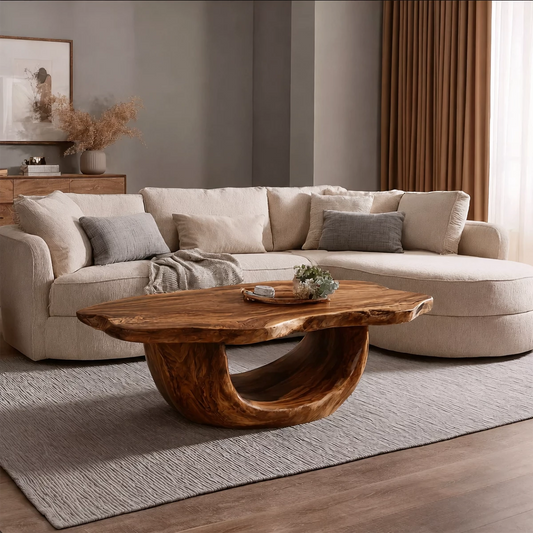 Organic Solid Wood Coffee Table With Sculptural Hollow Base And Live Edge Top For Modern Living Room - Livewoodcraft - 3312