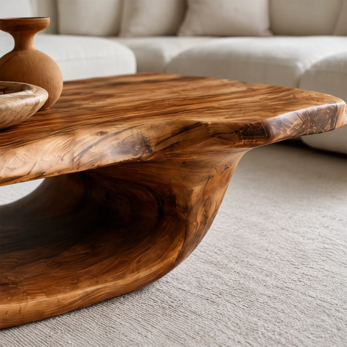Organic Solid Wood Coffee Table With Sculptural Hollow Base And Live Edge Top For Modern Living Room - Livewoodcraft - 5