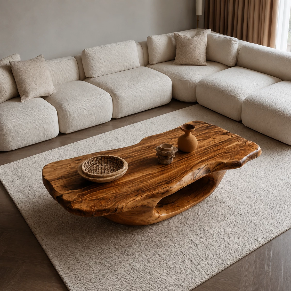 Organic Solid Wood Coffee Table With Sculptural Hollow Base And Live Edge Top For Modern Living Room - Livewoodcraft - 6