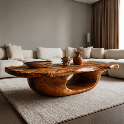 Organic Solid Wood Coffee Table With Sculptural Hollow Base And Live Edge Top For Modern Living Room - Livewoodcraft - 7