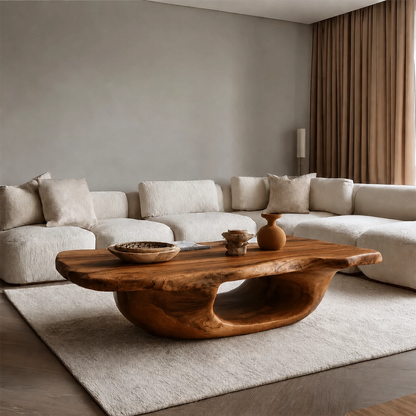 Organic Solid Wood Coffee Table With Sculptural Hollow Base And Live Edge Top For Modern Living Room - Livewoodcraft