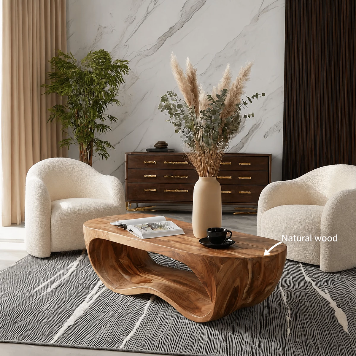 Organic Solid Wood Coffee Table With Sculptural Hollow Base And Rounded Natural Top For Modern Living Room - Livewoodcraft - 11