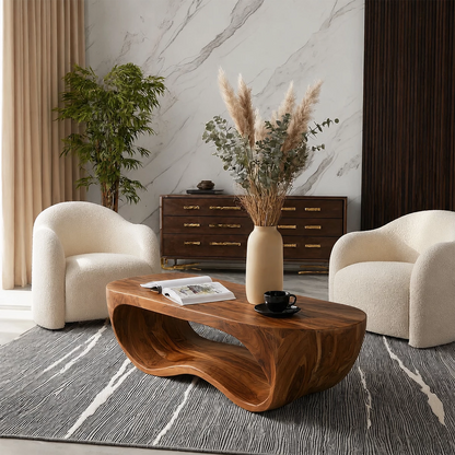 Organic Solid Wood Coffee Table With Sculptural Hollow Base And Rounded Natural Top For Modern Living Room - Livewoodcraft - 2