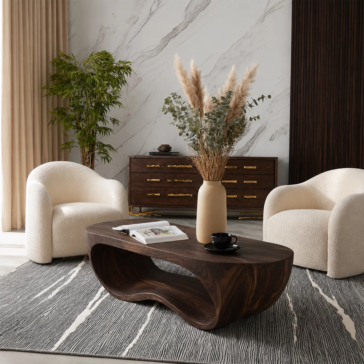 Organic Solid Wood Coffee Table With Sculptural Hollow Base And Rounded Natural Top For Modern Living Room - Livewoodcraft - 3