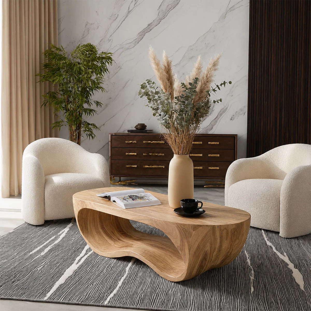 Organic Solid Wood Coffee Table With Sculptural Hollow Base And Rounded Natural Top For Modern Living Room - Livewoodcraft - 5