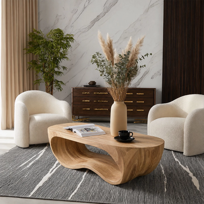 Organic Solid Wood Coffee Table With Sculptural Hollow Base And Rounded Natural Top For Modern Living Room - Livewoodcraft - 5