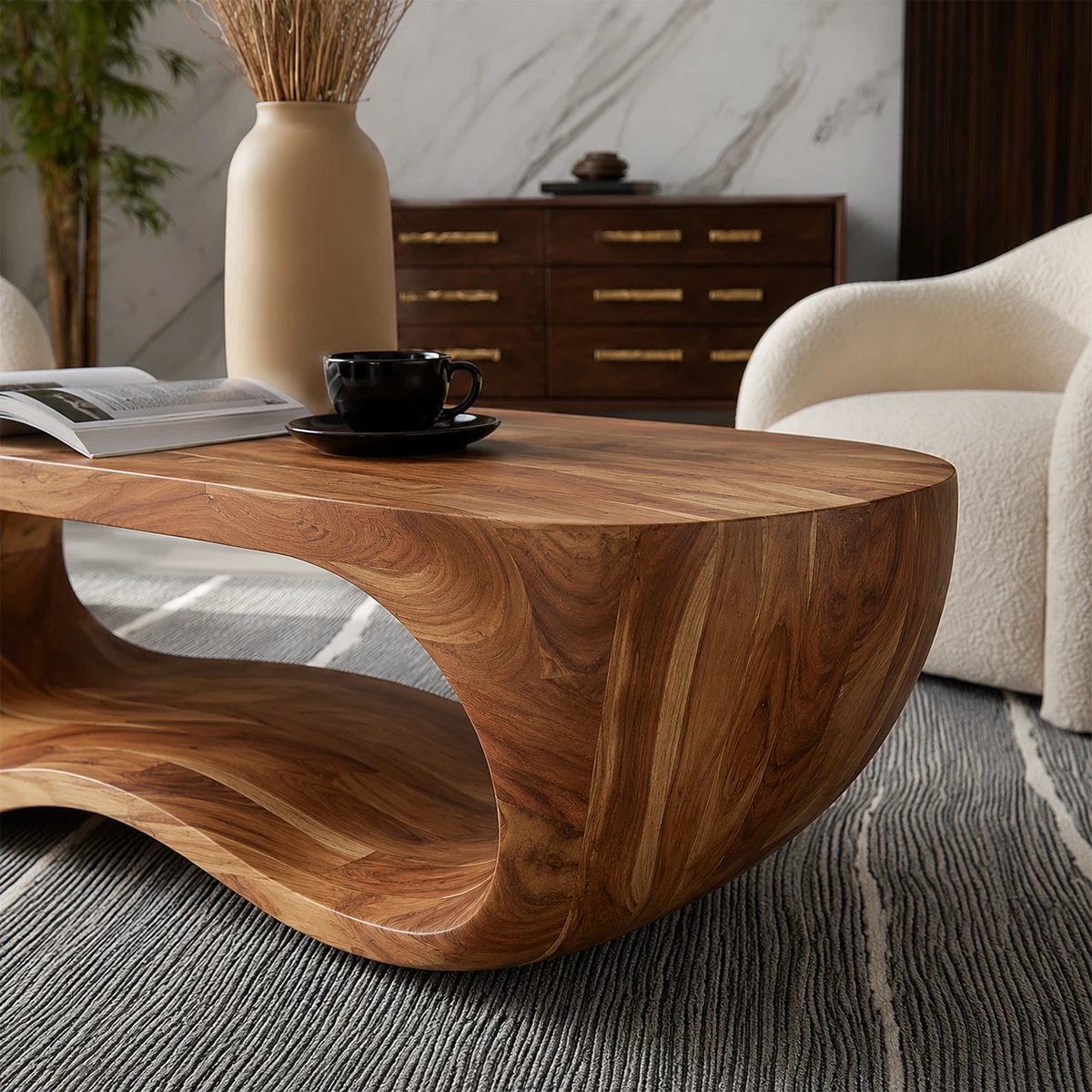 Organic Solid Wood Coffee Table With Sculptural Hollow Base And Rounded Natural Top For Modern Living Room - Livewoodcraft - 6
