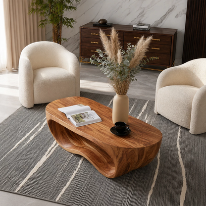 Organic Solid Wood Coffee Table With Sculptural Hollow Base And Rounded Natural Top For Modern Living Room - Livewoodcraft - 7